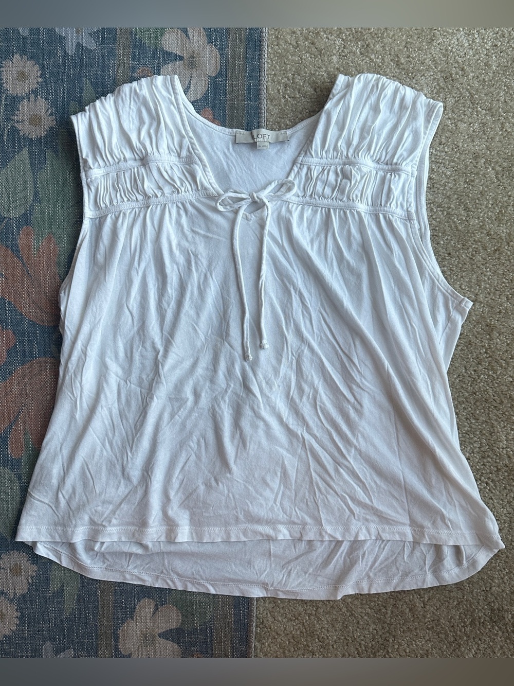 LOFT White Tie-Neck Smocked Yoke Tank